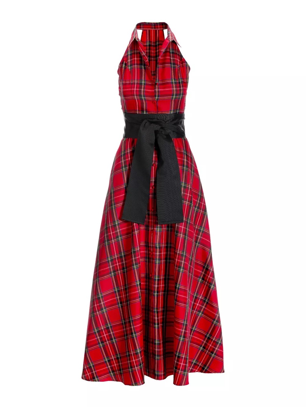 Boston Proper Red Plaid Halter Maxi Dress with Black Waist Sash